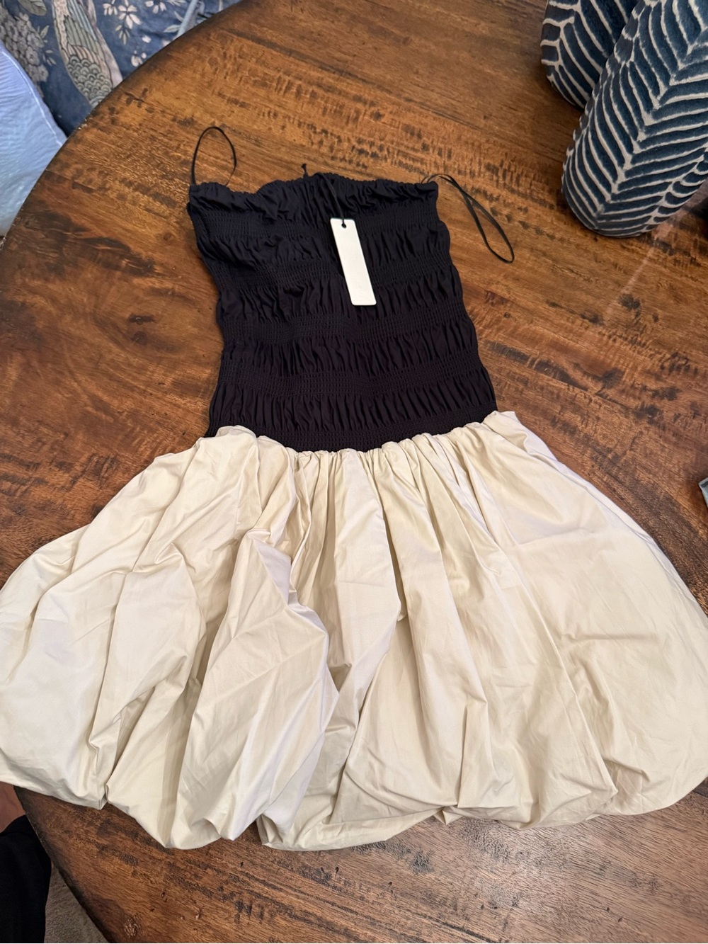 Olivaceous Black Smocked Bodice Mini Dress with Cream Skirt